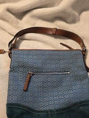 Coach Blue Vintage Signature Canvas Shoulder Bag with Brown Leather Trim
